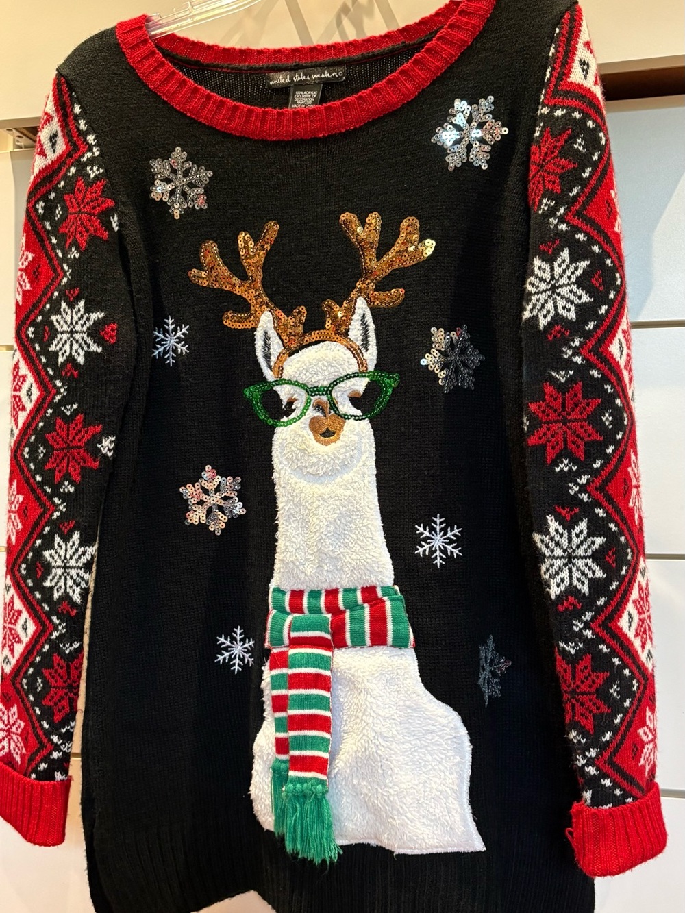 united states sweaters Black Llama Christmas Sweater with Red and Green Accents